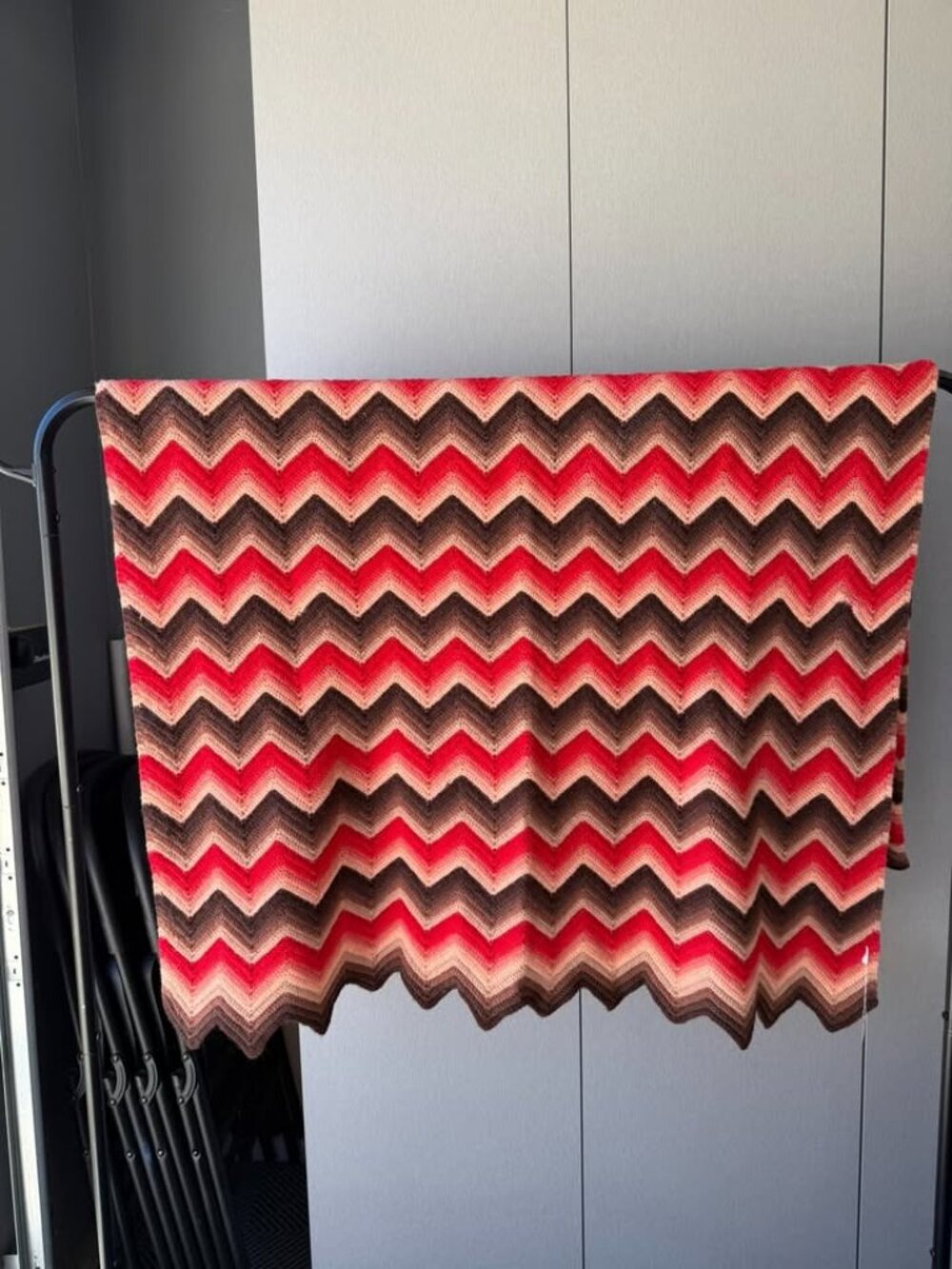 Vintage Handmade Crochet Chevron Throw Blanket – Red, Brown & Cream – 42" x 56"